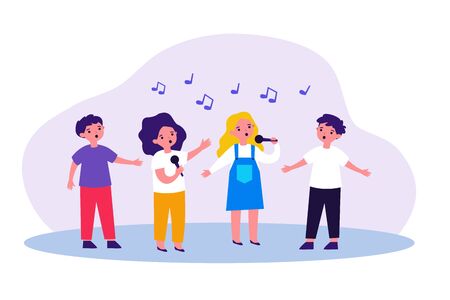 Group of children singing song with microphones. Kids attending music school, singing in church choir. Vector illustration for kids musical band, performance, talent show conceptのイラスト素材