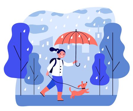Happy girl walking dog in rain. Person with umbrella, pet, city park flat vector illustration. Animal care, autumn, outdoor activity concept for banner, website design or landing web pageのイラスト素材