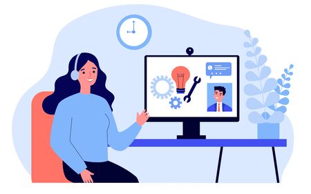 Young woman talking with service assistant onlineのイラスト素材