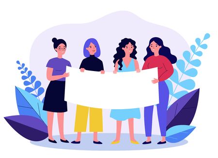 Female group gathering for protest. Woman standing together and holding blank banner with copy space. Vector illustration for fight, movement, feminism, activism conceptのイラスト素材