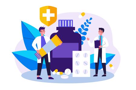 Doctor with prescription and pharmacist with ointment tubeのイラスト素材