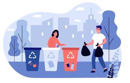 Positive man and woman sorting waste. Volunteers, trash bin, garbage collecting flat vector illustration. Recycling, separation, volunteering concept for banner, website design or landing web pageのイラスト素材
