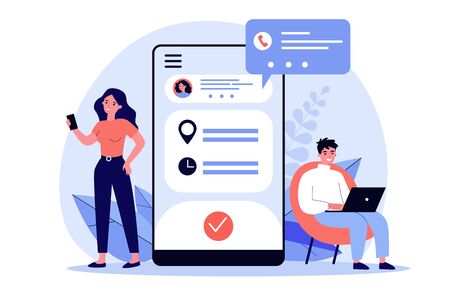 People using appointment business application. Man and woman planning meeting with online app. Vector illustration for internet technology, mobile calendar conceptのイラスト素材