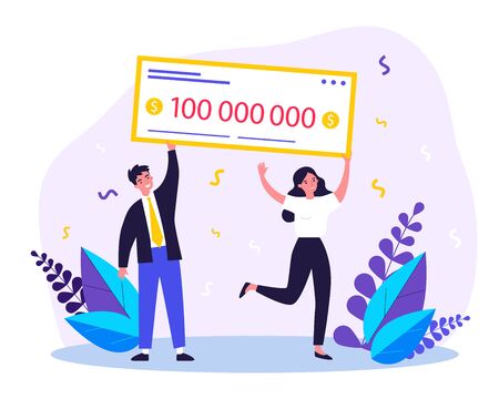 Happy winners holding bank check flat vector illustration. Man and woman winning jackpot for millions dollars. Lottery gain, money prize and grant conceptのイラスト素材