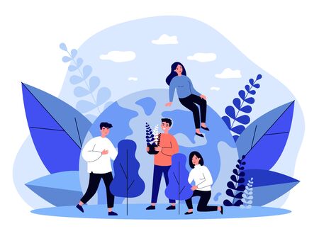 Happy volunteers planting treesのイラスト素材