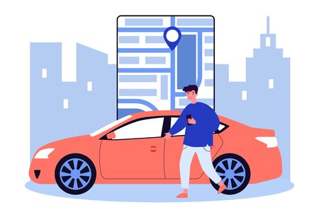 Happy man using car sharing app. City streets map with pointer, automobile rent flat vector illustration. Driving, urban transport, service concept for banner, website design or landing web pageのイラスト素材