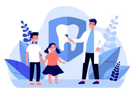 Dentist teaching kids to brush teeth. Children, orthodontist, clinic flat vector illustration. Awareness day, dental care concept for banner, website design or landing web pageのイラスト素材