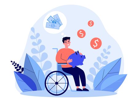 Happy disabled man saving money. Person in wheelchair holding piggy bank and thinking of money flat vector illustration. Disability, finance concept for banner, website design or landing web pageのイラスト素材