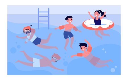 Happy children in swimming pool isolated flat vector illustration. Cartoon kids in swimwear playing in water with friends. Summer activity and vacation conceptのイラスト素材