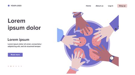 Grilled chicken legs for diverse company. Multiethnic human hands, dish, meat flat vector illustration. Barbecue party, eating together concept for banner, website design or landing web pageのイラスト素材