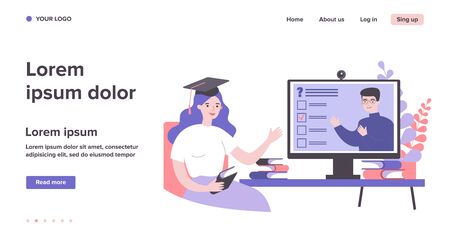 College student watching online webinar, passing test, using computer, attending class. Vector illustration for distance learning, homeschooling, education in lockdown time, video conference conceptのイラスト素材