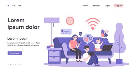 Children using devices at home. Smartphone, learning game, social media flat vector illustration. Communication, internet, lockdown concept for banner, website design or landing web pageのイラスト素材