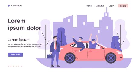 Businessman watching cheerful guys riding car. Vehicle, business and fun activity flat vector illustration. Work and leisure, city transport concept for banner, website design or landing web pageのイラスト素材
