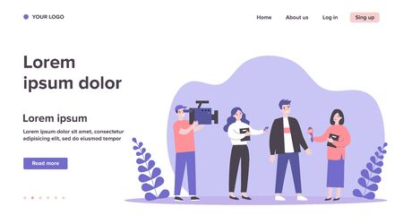 Female journalists with microphones interviewing man. Operator shooting reporters conversation with male character. Vector illustration for news, reportage, mass media conceptのイラスト素材