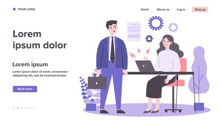 Businessman and businesswoman with broken laptop. Employees failed reading document flat vector illustration. Technology and office work concept for banner, website design or landing web pageのイラスト素材