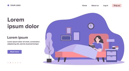 Happy woman reading book in bed. Female student studying library textbook before going to sleep. Vector illustration for healthy habit, leisure, literature conceptのイラスト素材