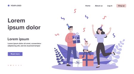 Family celebrating first kid birthday. Young couple, toddler, gifts, confetti flat vector illustration. Baby party, childhood, fun concept for banner, website design or landing web pageのイラスト素材