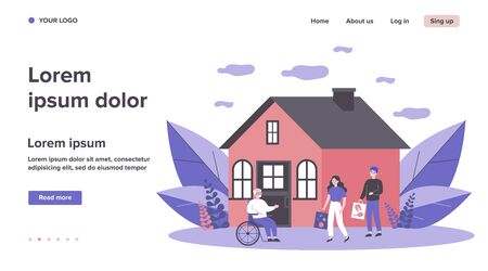 Grandchildren visiting grandpa. Volunteers delivering food to senior disabled person flat vector illustration. Family, handicapped people support concept for banner, website design or landing web pageのイラスト素材