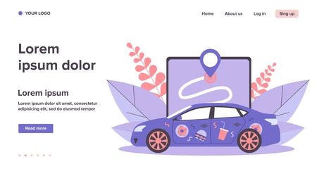 Car with food stickers. Restaurant courier vehicle, location app, address flat vector illustration. Service, food delivery, online order concept for banner, website design or landing web pageのイラスト素材