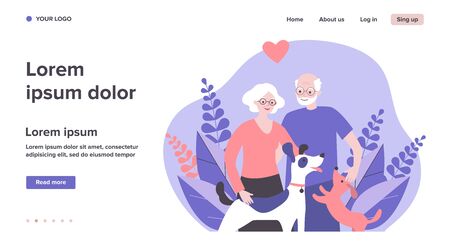 Happy senior couple with dogs. Family, pet, relationship flat vector illustration. Retirement and love concept for banner, website design or landing web pageのイラスト素材