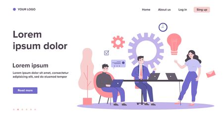 Business team members with laptop discussing project at their workplaces. Managers working together, sharing new ideas. Can be used for workflow, teamwork, cooperation, collaboration conceptのイラスト素材