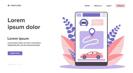 Car sharing app. Smartphone app interface with map and vehicle flat vector illustration. City transport, transportation, urban traffic concept for banner, website design or landing web pageのイラスト素材