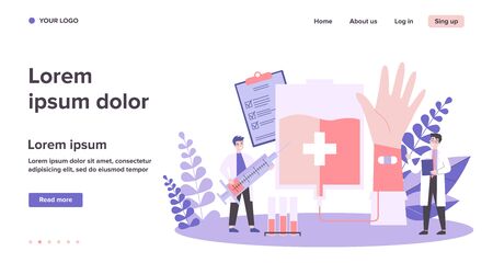 Donating blood in hospital flat vector illustration. Cartoon doctor or nurse taking blood from donor infographics. Health, emergency and medicine conceptのイラスト素材