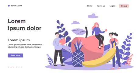 Happy people keeping healthy diet. Men and women holding fruits, apple, pineapple, banana. Vector illustration for fitness, dietitian nutrition, organic food conceptのイラスト素材