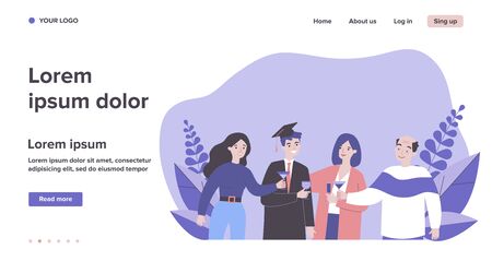 Family celebrating university graduation of son. Diploma, degree, student flat vector illustration. Education and learning concept for banner, website design or landing web pageのイラスト素材