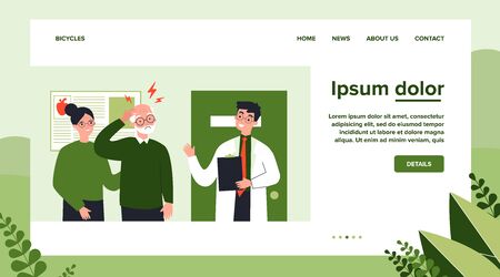 Senior man going to doctor because of migraine. Physician consulting patient in pain flat vector illustration. Depression and headache concept for banner, website design or landing web pageのイラスト素材