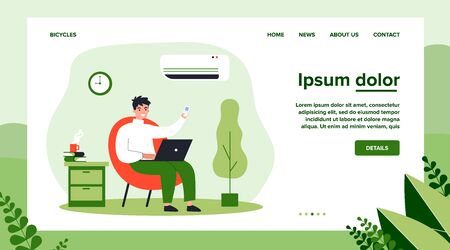Young man sitting in home chair under air conditioner flat vector illustration. Cartoon guy relaxing at home with laptop computer. Summer and technology conceptのイラスト素材