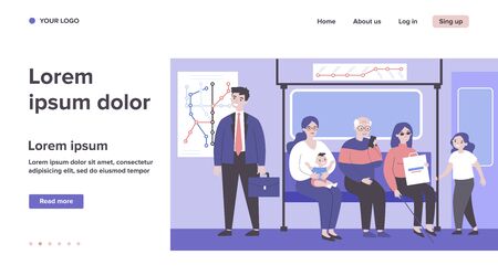 Diverse passengers in subway train. Senior, handicapped people, woman with baby on seat flat vector illustration. Transportation, society concept for banner, website design or landing web pageのイラスト素材