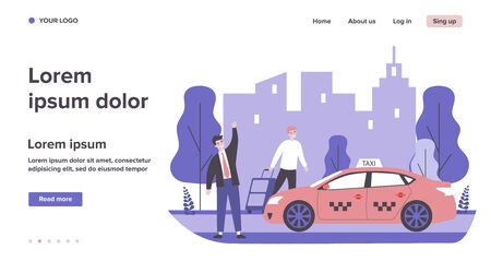 Happy businessman taking taxy. Luggage, cab, transport to airport flat vector illustration. City traffic, travel, transportation concept for banner, website design or landing web pageのイラスト素材