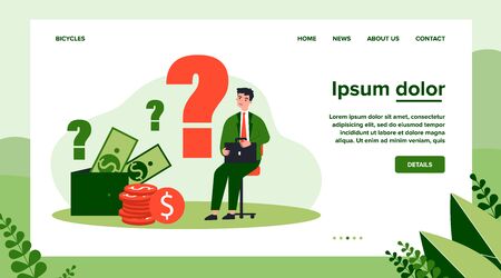 Sad man concerned about financial problem, money need and unpaid loan debts. Male character, question mark, wallet with cash. Vector illustration for finance, bankruptcy, trouble conceptのイラスト素材