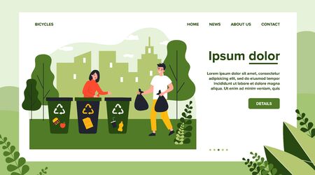 Positive man and woman sorting waste. Volunteers, trash bin, garbage collecting flat vector illustration. Recycling, separation, volunteering concept for banner, website design or landing web pageのイラスト素材