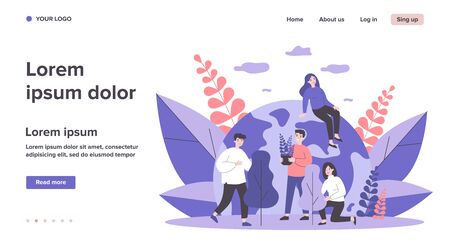 Happy volunteers planting trees. Potted plant, forest, planet care flat vector illustration. Ecology, environment, flora concept for banner, website design or landing web pageのイラスト素材