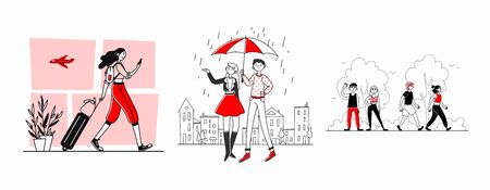 People enjoying weekend time set. Tourist travelling by plane, walking, hiking outdoors. Flat illustrations. Activity, vacation, leisure concept for banner, website design or landing web pageの写真素材