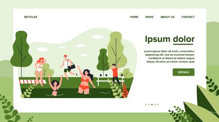 People enjoying recreation on beach. Getting tan, swimming in lake, nature flat vector illustration. Summer, vacation, outdoor activity concept for banner, website design or landing web pageのイラスト素材