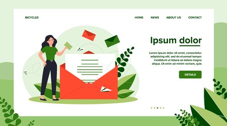 Woman holding business message in envelope flat vector illustration. Cartoon female office employee working with mail. Communication and contact conceptのイラスト素材
