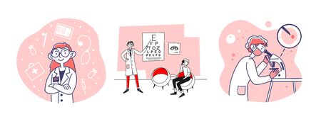Medical professionals set. Doctor, ophthalmologist, lab. Flat illustrations. Medicine, hospital, healthcare, examination concept for banner, website design or landing web pageの写真素材