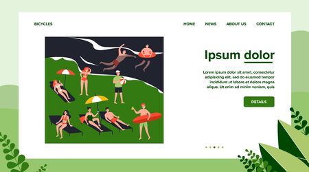 People relaxing at beach flat vector illustration. Cartoon various characters sunbathing under umbrella, swimming in ocean and playing games. Vacation and summer activity conceptのイラスト素材