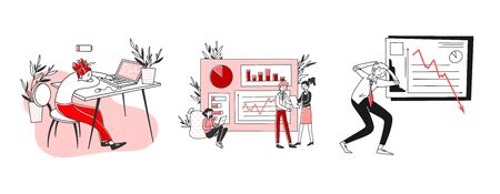 Business errors set. Manager sleeping at workplace, losing money, low battery. Flat illustrations. Analysis, finance, crisis concept for banner, website design or landing web pageの写真素材