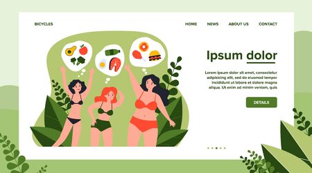 Pretty young women in bikini with different diet. Food, vegetable, meal flat vector illustration. Body positive and nutrition concept for banner, website design or landing web pageのイラスト素材