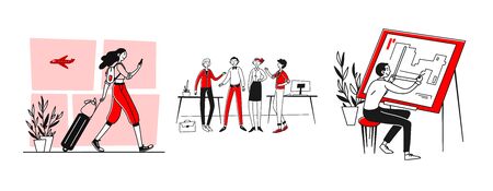 Job and vacation set. People travelling by plane, discussing project, drawing blueprint. Flat illustrations. Work, leisure, life balance concept for banner, website design or landing web pageの写真素材