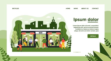 People walking to bar. Men and women drinking alcohol in pub, facade view flat vector illustration. Easing of lockdown, leisure concept for banner, website design or landing web pageのイラスト素材