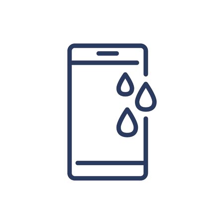 Mobile phone with water drops thin line icon. Waterproof smartphone, resistance, liquid isolated outline sign. Phone repair, service concept. Vector illustration symbol element for web design and appsのイラスト素材