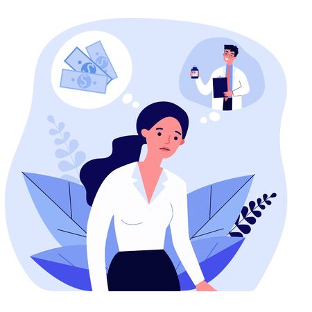 Sad woman thinking about money and medical prescriptionのイラスト素材