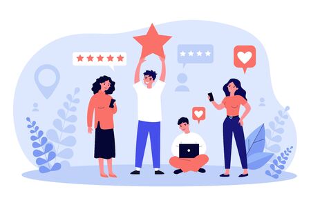 Happy customers giving feedback to service or online store. People with gadgets voting with rating stars. Vector illustration for client positive review, assessment, evaluation conceptのイラスト素材
