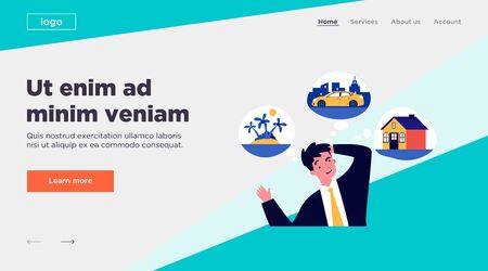 Young man thinking about new house, car and trip flat vector illustration. Businessman dreaming for material benefits. Wealth, business and abundance concept.のイラスト素材