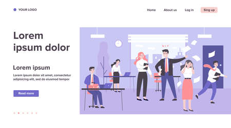 Deadline failure and office chaos concept. Angry furious boss shouting at employees, throwing papers, puzzled office workers in hurry and panic. Flat vector illustrationのイラスト素材